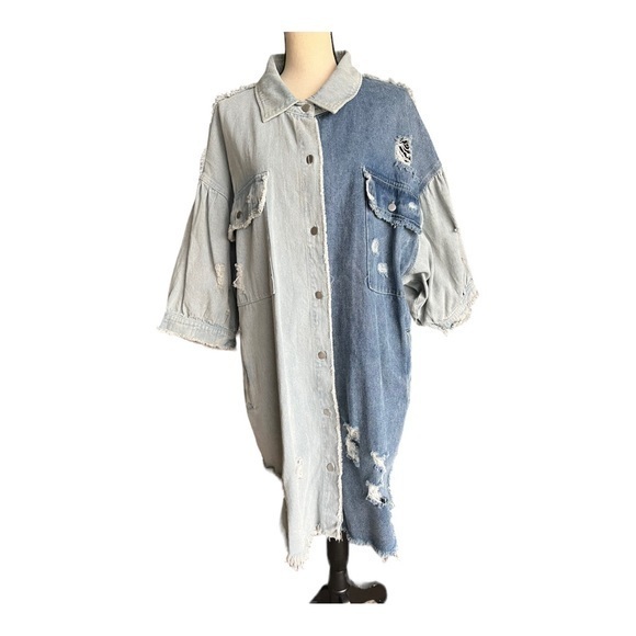 Pol Oversize Two Tone Blue Distressed Denim Dress Size S